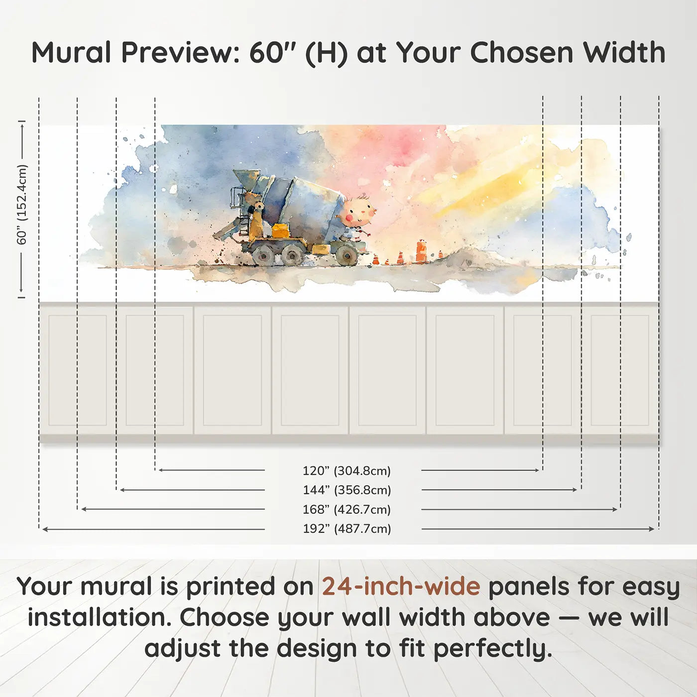 Panel dimensions for Cement Mixer Soft Hum Wainscoting Wallpaper by Whimsy Tots