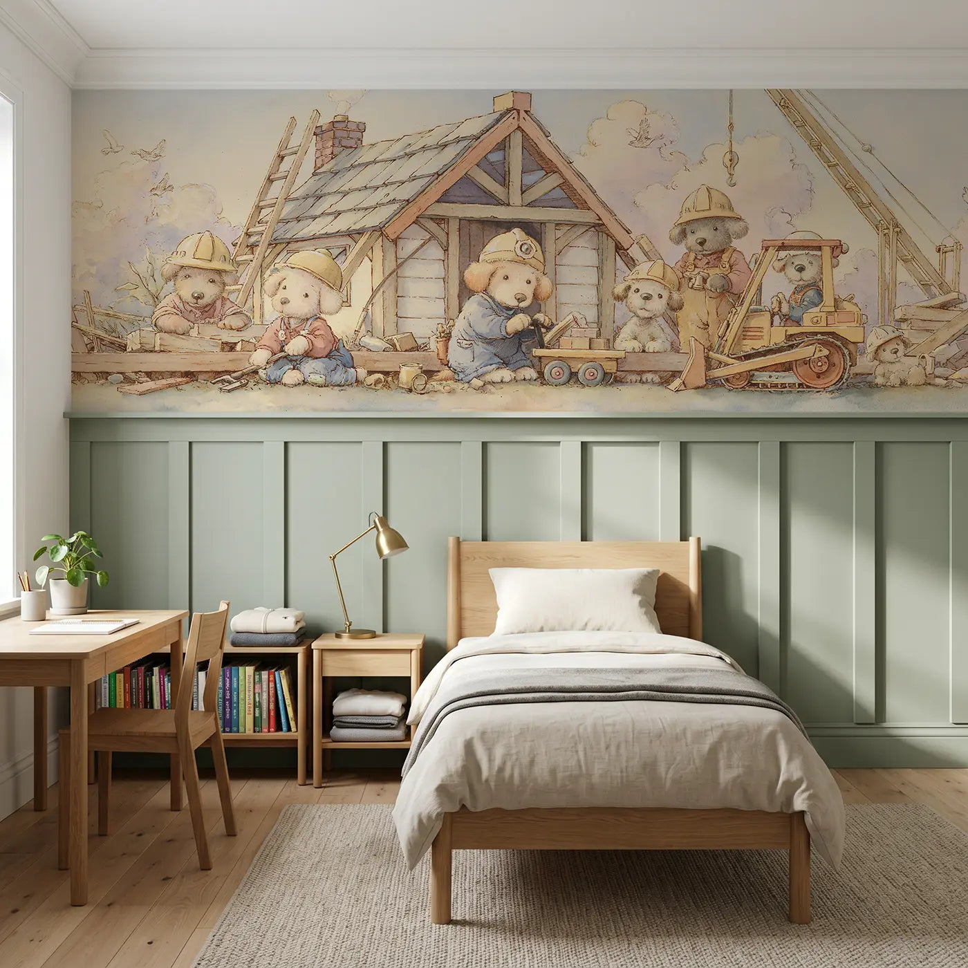 Storybook dog construction crew build wainscoting wallpaper for bedroom by Whimsy Tots.