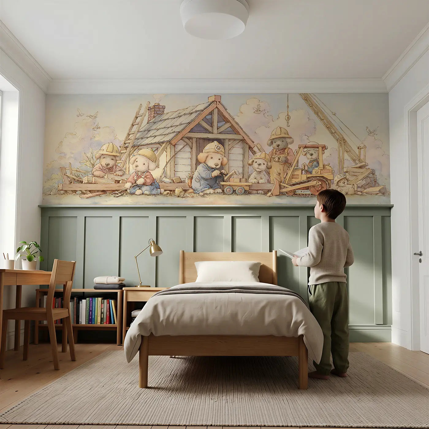 Child reading near Dog Construction Crew Build Wainscoting Wallpaper by Whimsy Tots
