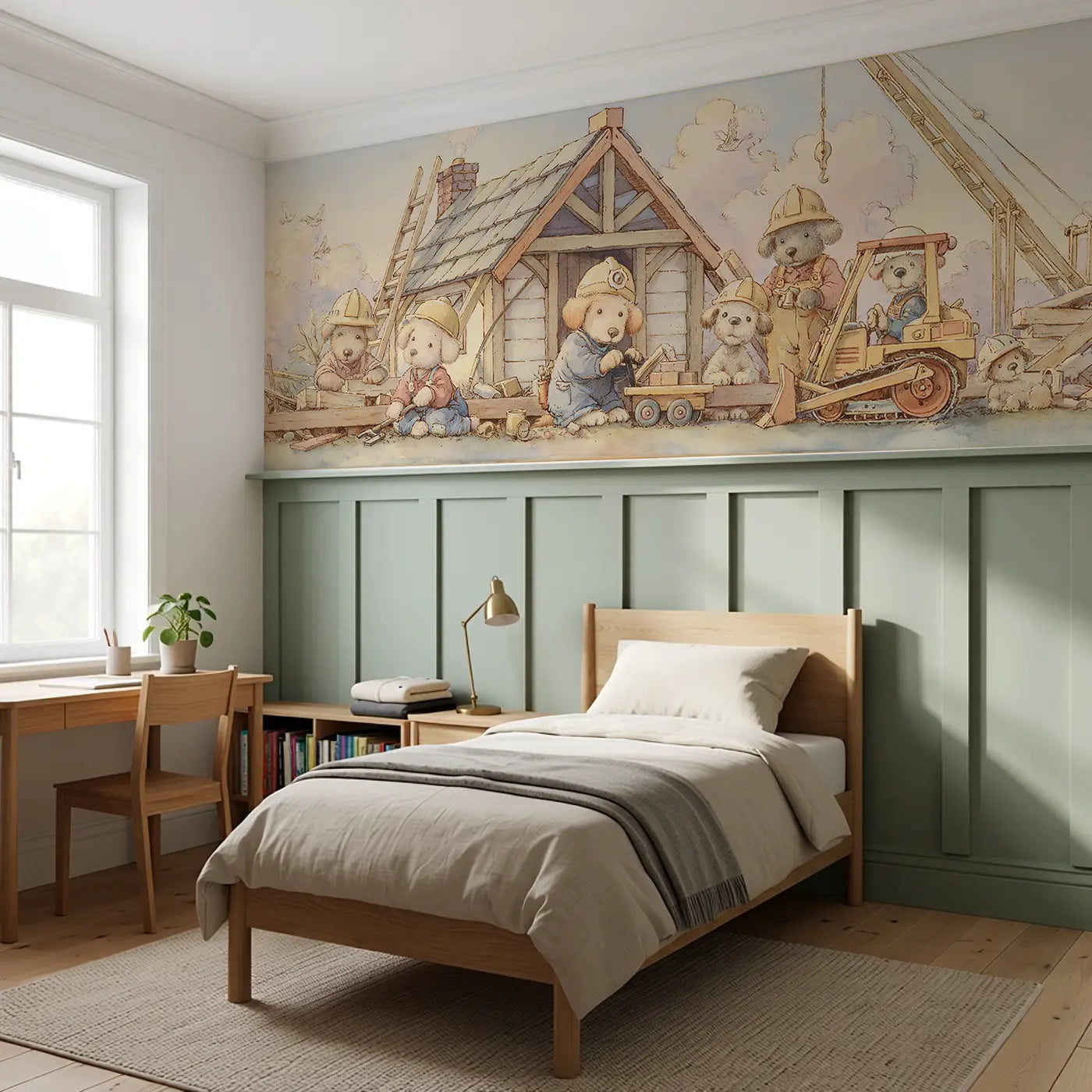Dog Construction Crew Build Wainscoting Wallpaper styled in a kids bedroom by Whimsy Tots