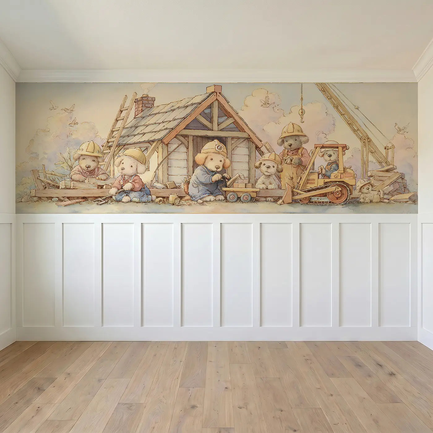 Full panel view of Dog Construction Crew Build Wainscoting Wallpaper by Whimsy Tots