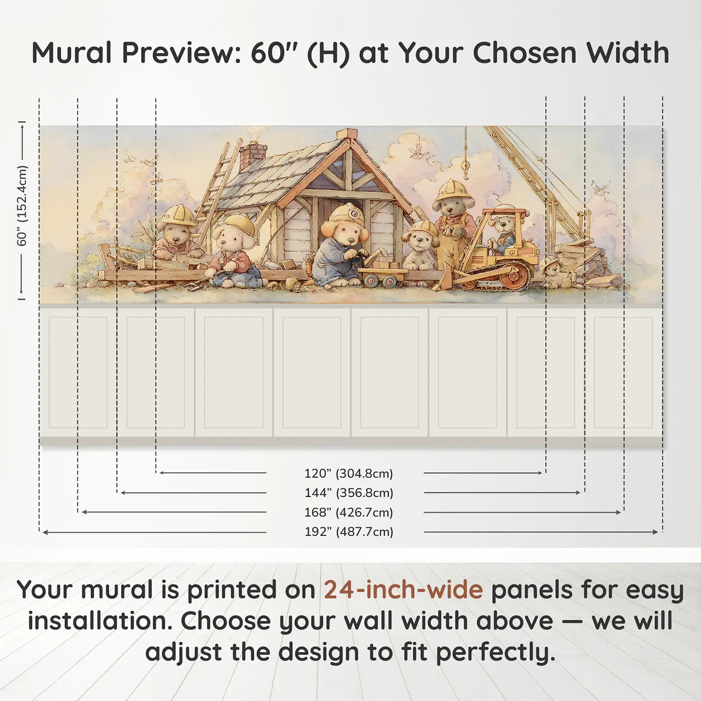 Panel dimensions for Dog Construction Crew Build Wainscoting Wallpaper by Whimsy Tots