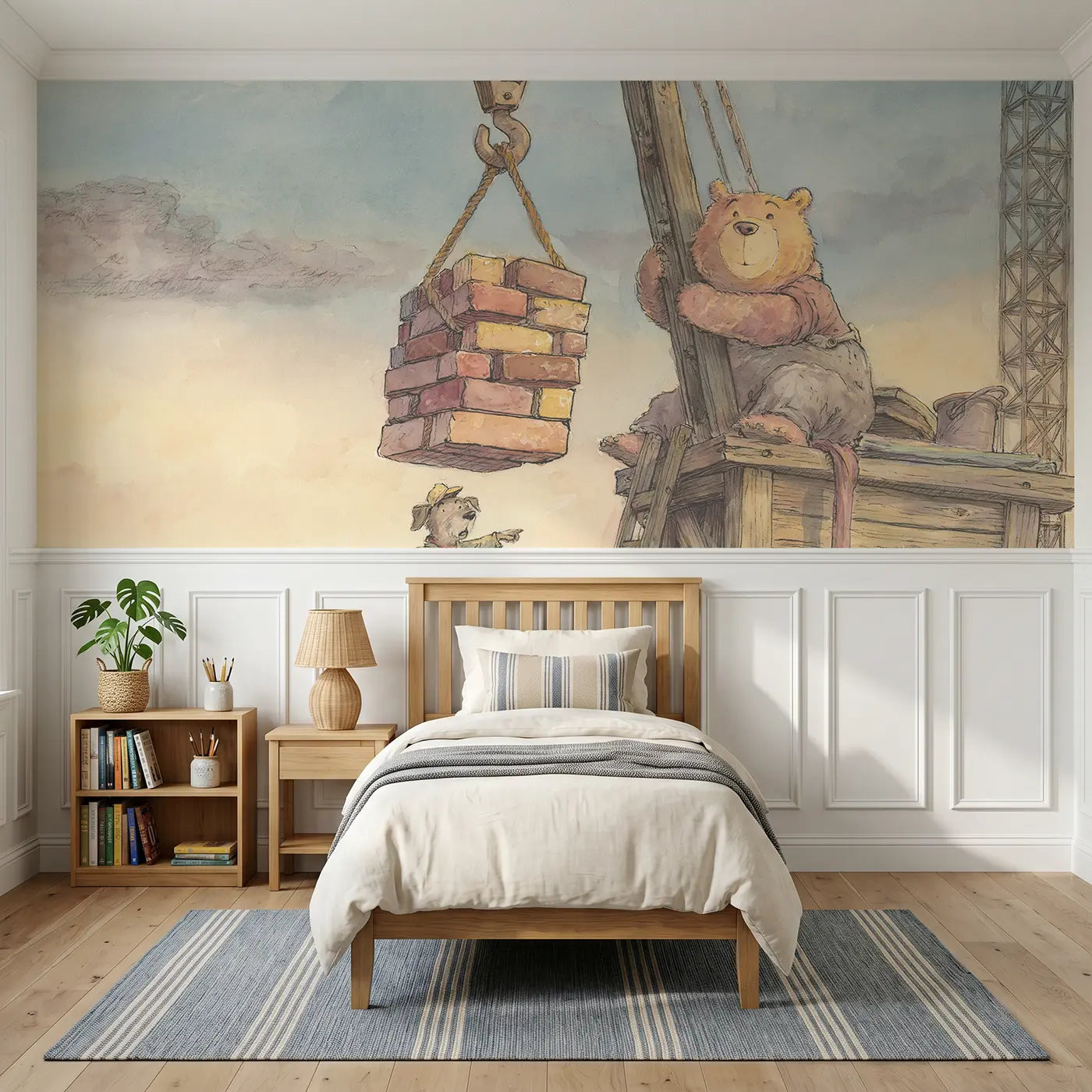 Storybook bear crane lift brick wainscoting wallpaper for bedroom by Whimsy Tots.