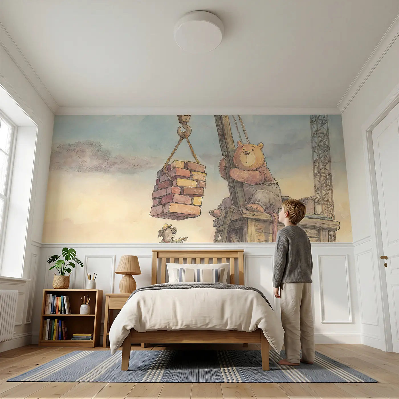 Child reading near Bear Crane Lift Brick Wainscoting Wallpaper by Whimsy Tots
