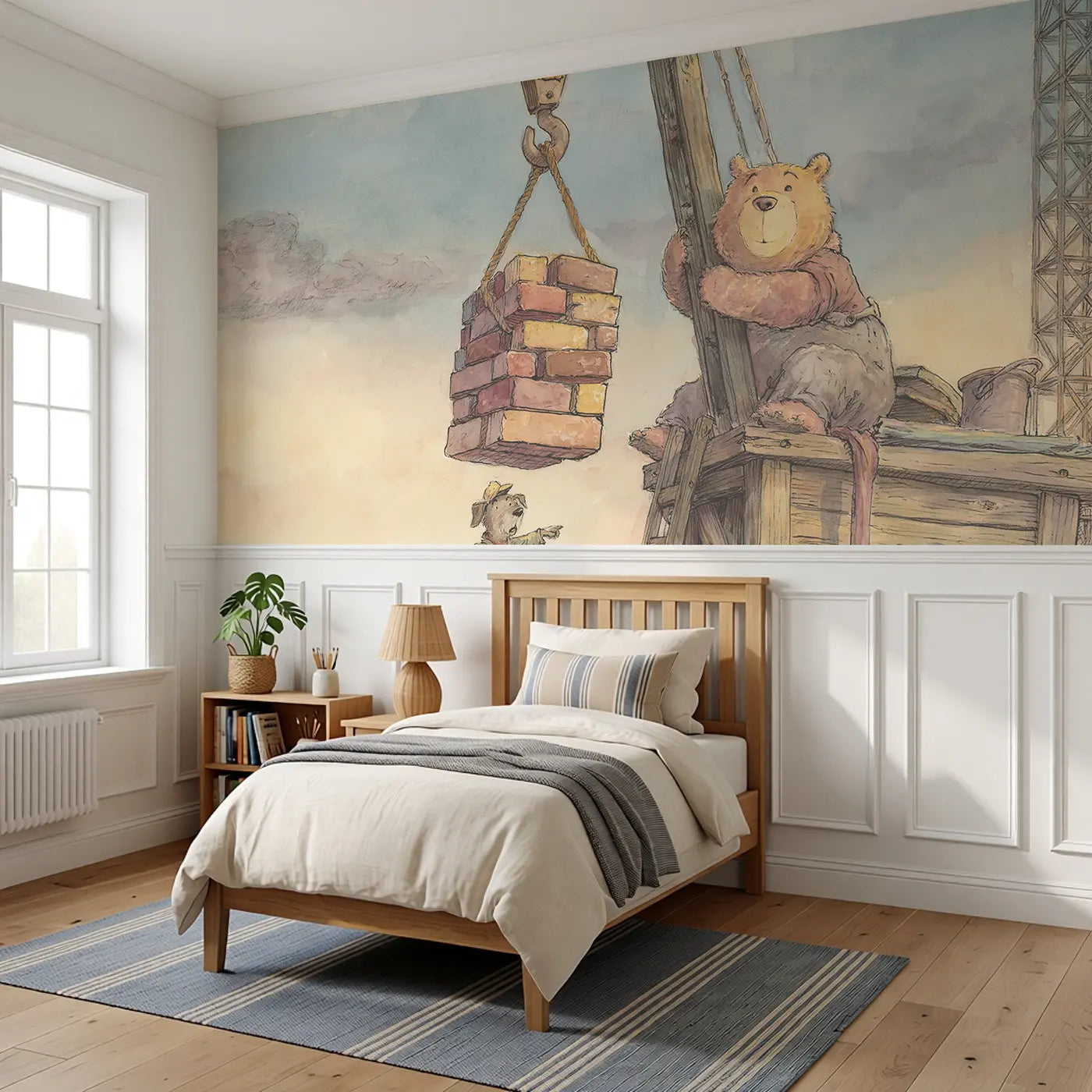 Bear Crane Lift Brick Wainscoting Wallpaper styled in a kids bedroom by Whimsy Tots