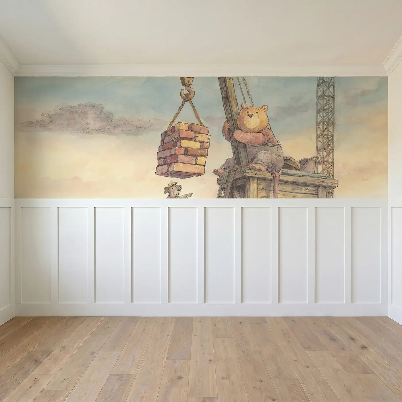 Full panel view of Bear Crane Lift Brick Wainscoting Wallpaper by Whimsy Tots
