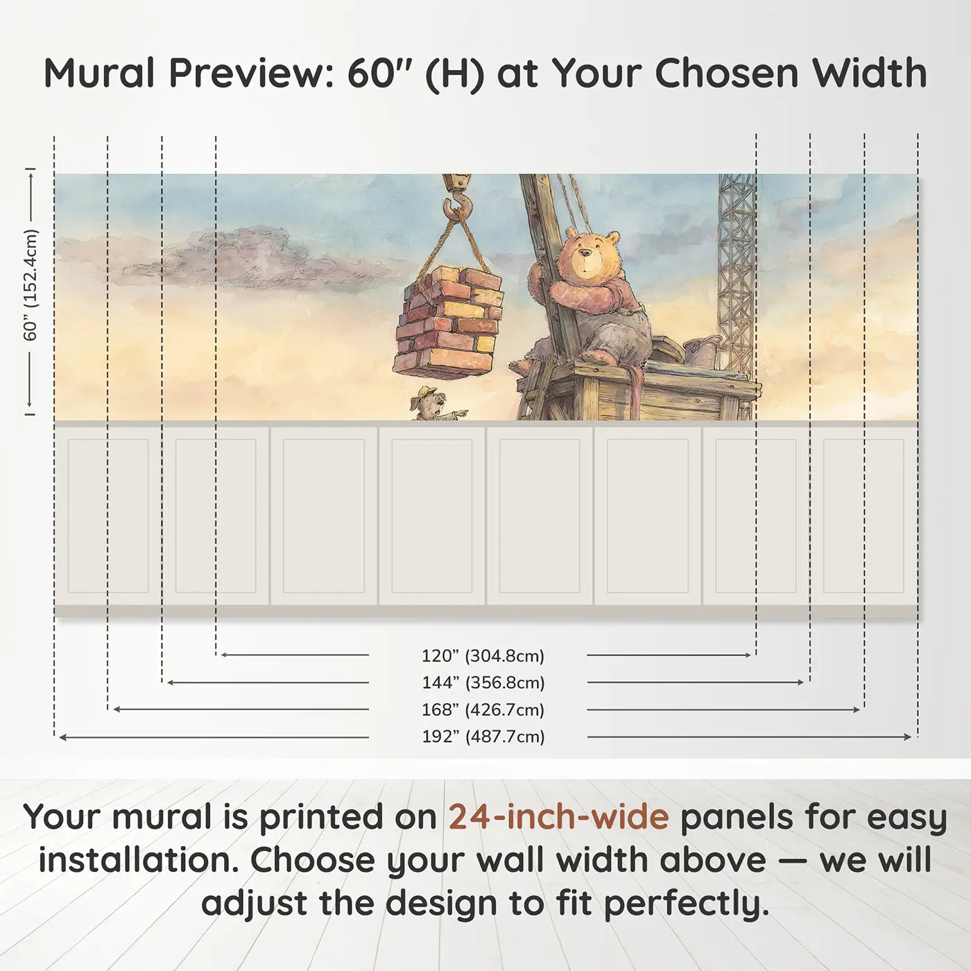 Panel dimensions for Bear Crane Lift Brick Wainscoting Wallpaper by Whimsy Tots