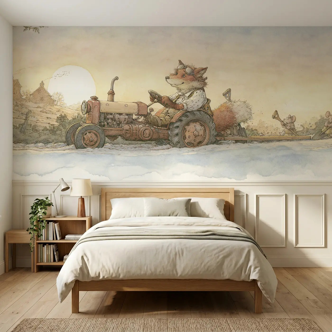Storybook fox tractor road work wainscoting wallpaper for bedroom by Whimsy Tots.