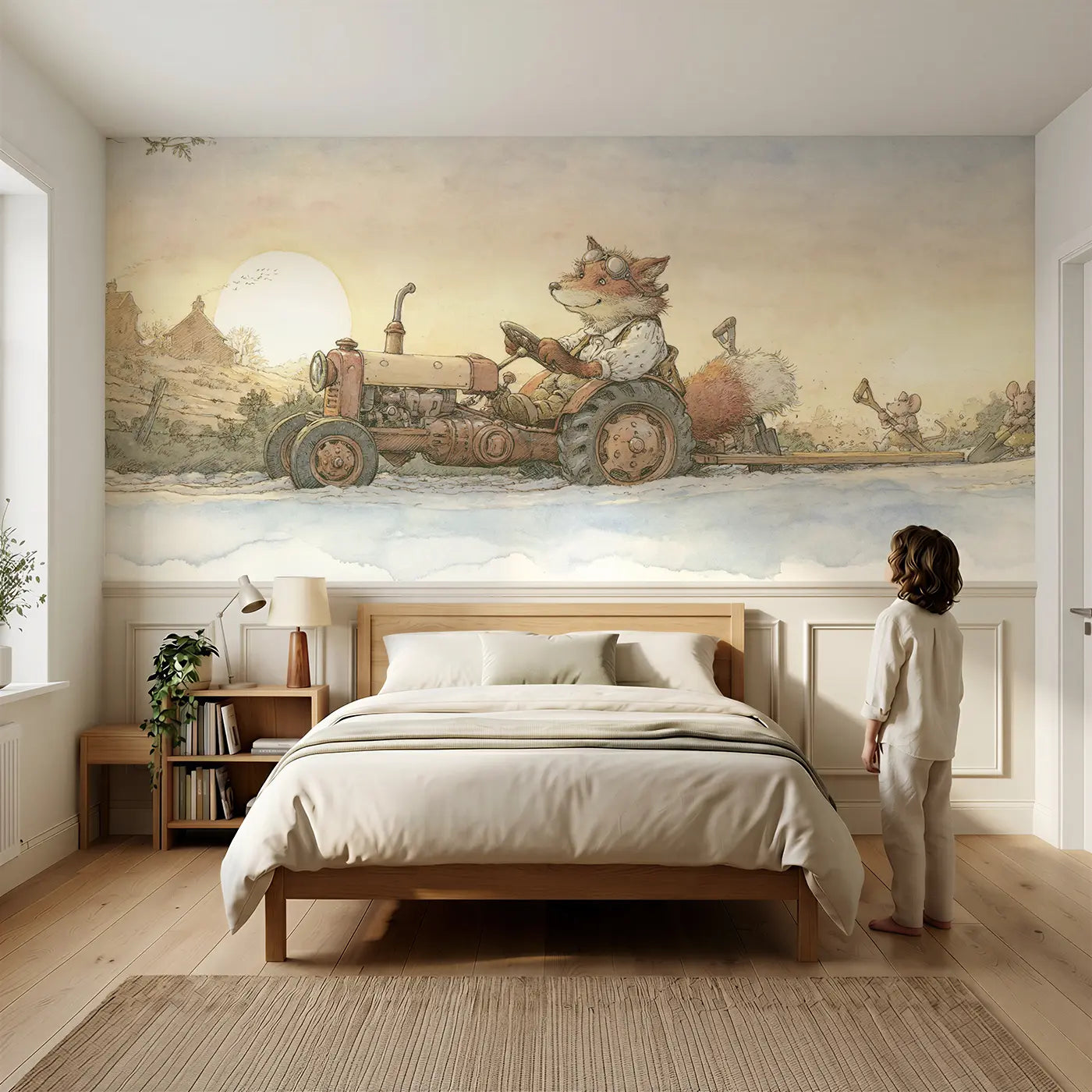Child reading near Fox Tractor Road Work Wainscoting Wallpaper by Whimsy Tots