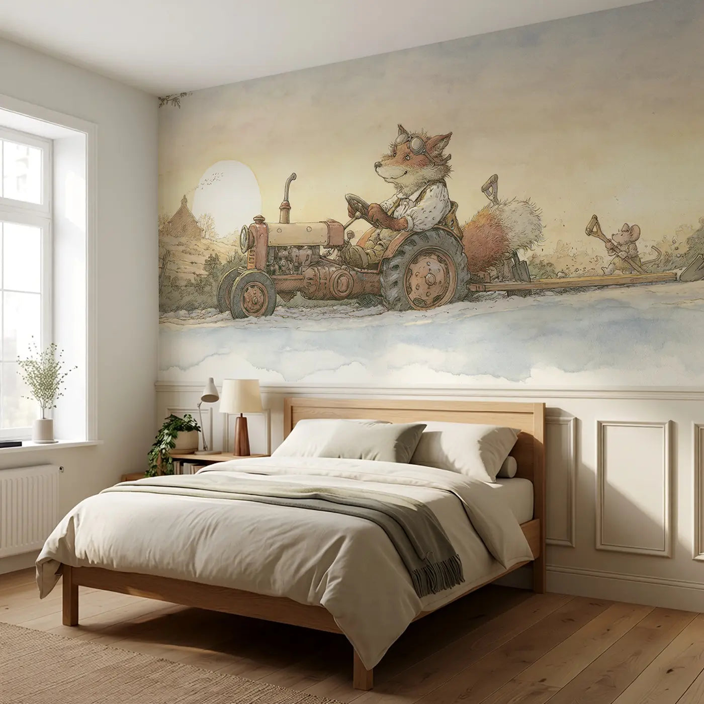 Fox Tractor Road Work Wainscoting Wallpaper styled in a kids bedroom by Whimsy Tots