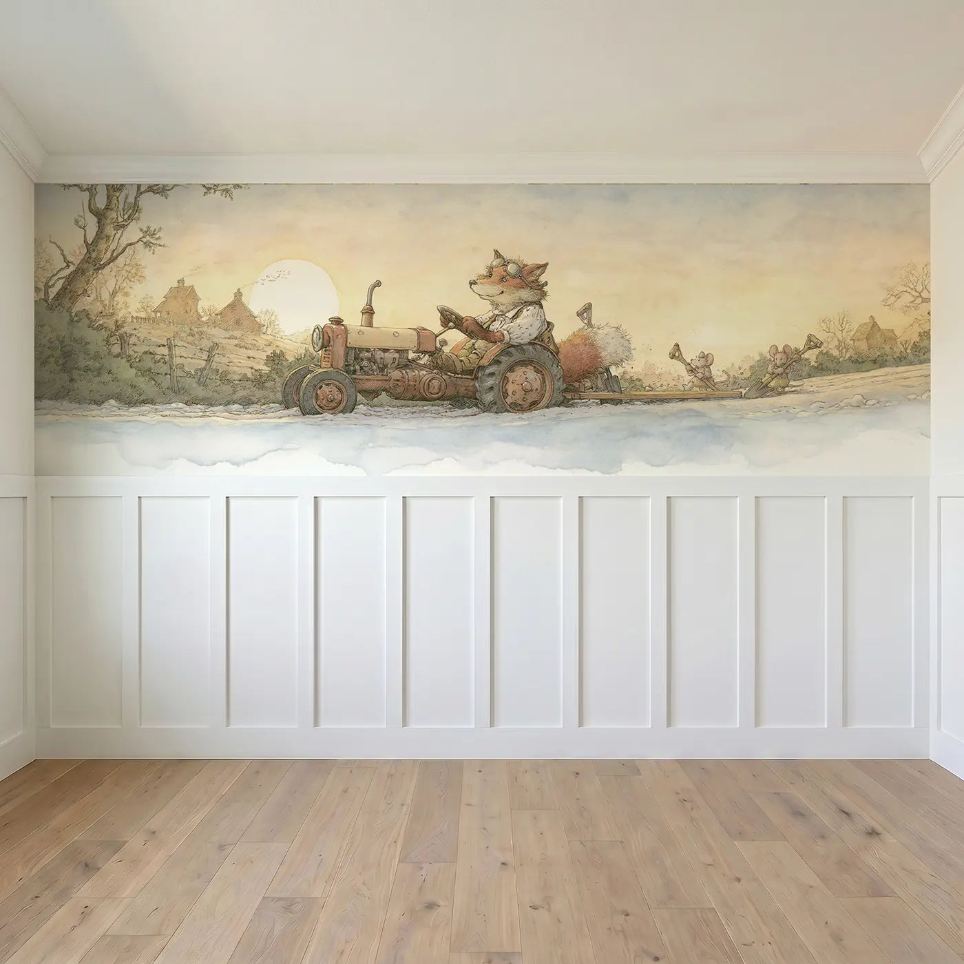 Full panel view of Fox Tractor Road Work Wainscoting Wallpaper by Whimsy Tots