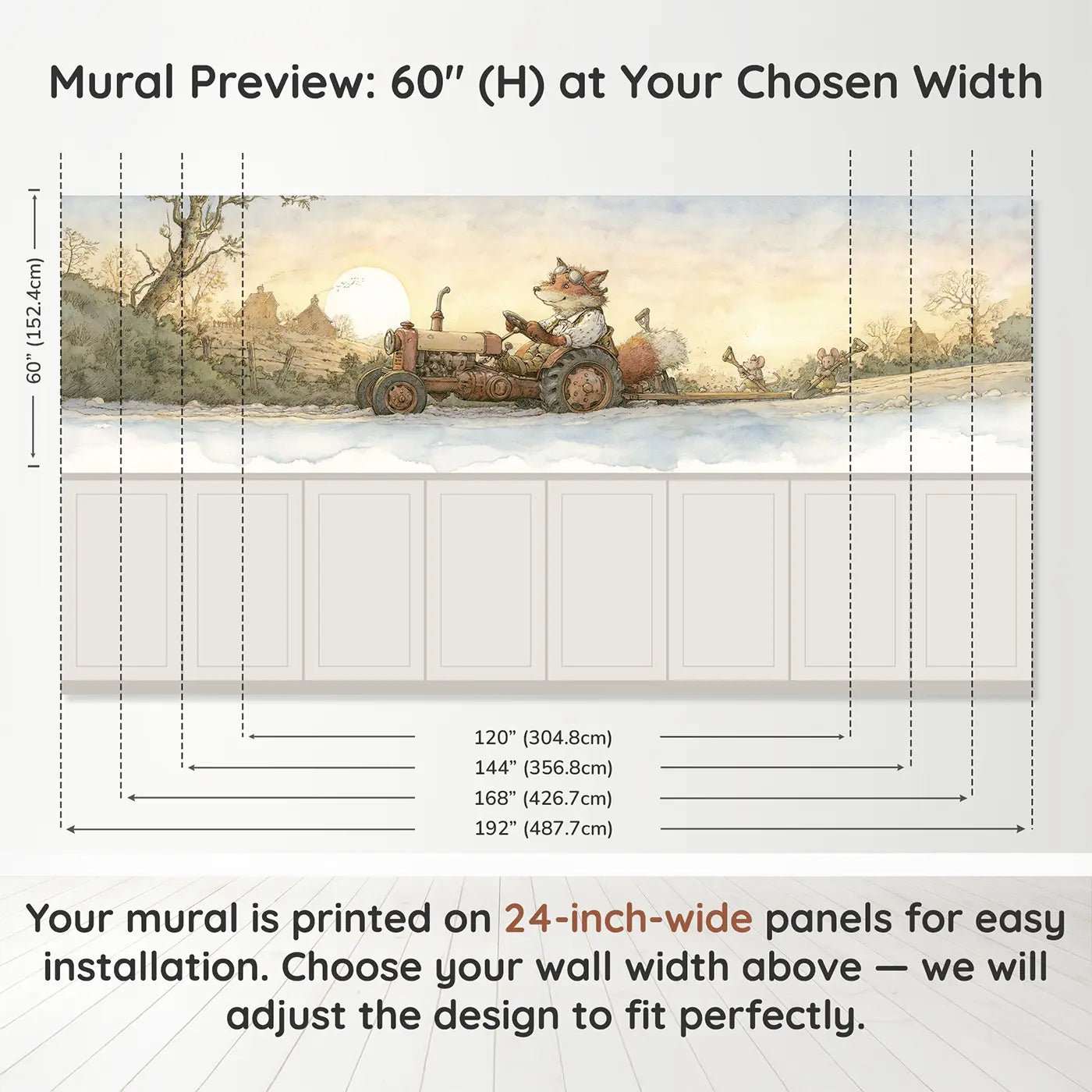 Panel dimensions for Fox Tractor Road Work Wainscoting Wallpaper by Whimsy Tots