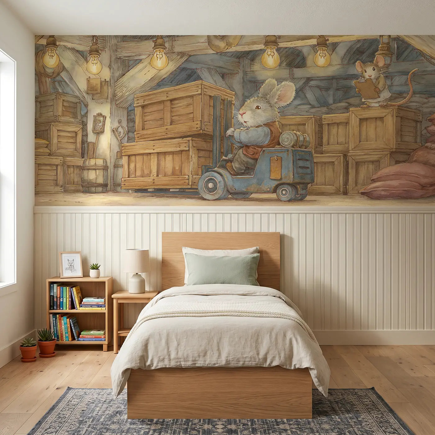 Storybook rabbit forklift warehouse wainscoting wallpaper for bedroom by Whimsy Tots.