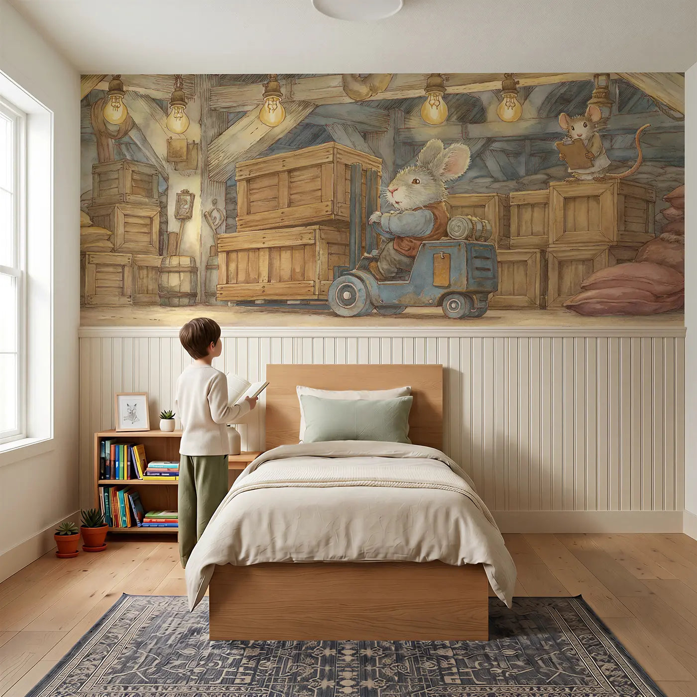 Child reading near Rabbit Forklift Warehouse Wainscoting Wallpaper by Whimsy Tots