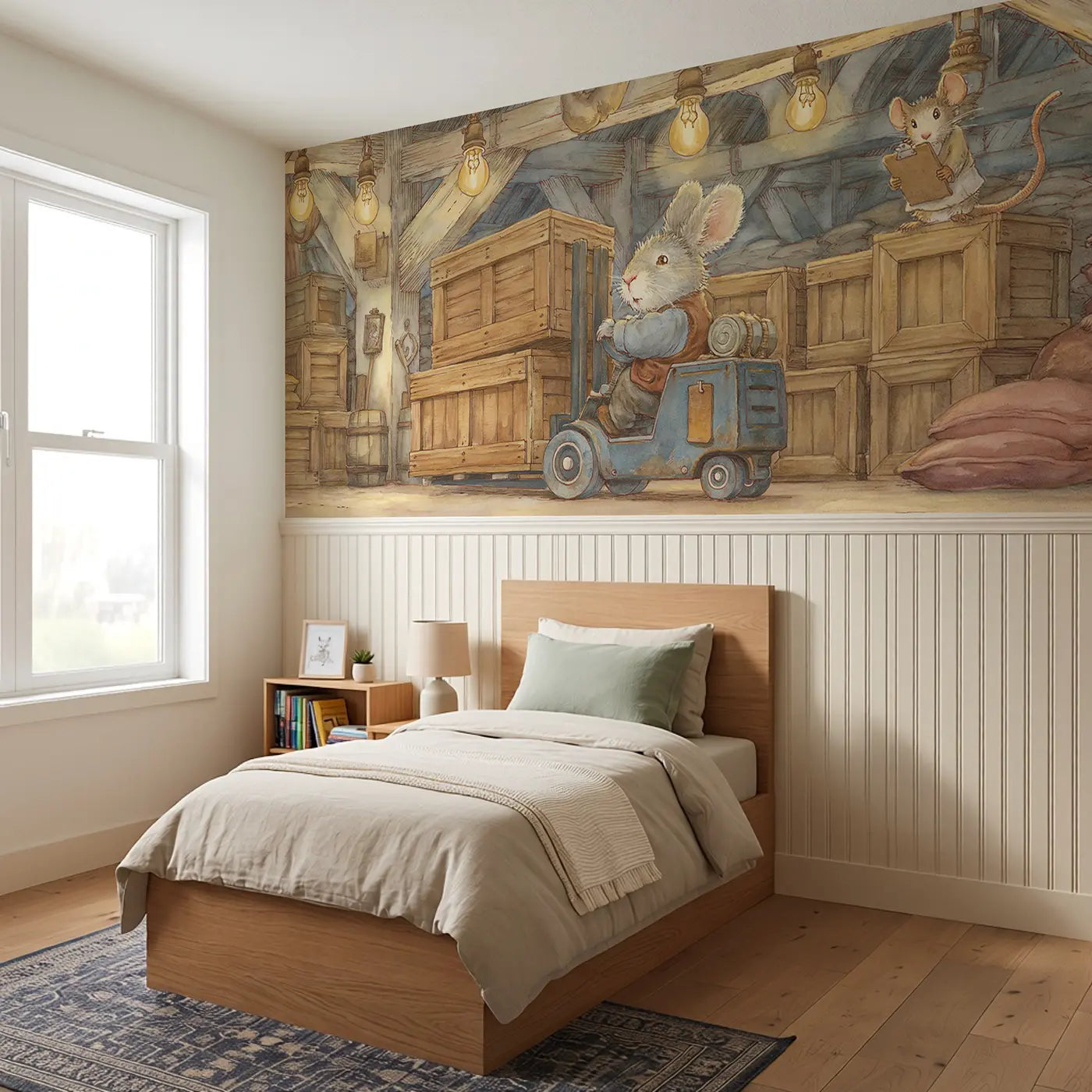 Rabbit Forklift Warehouse Wainscoting Wallpaper styled in a kids bedroom by Whimsy Tots