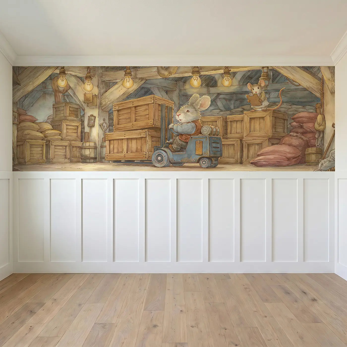 Full panel view of Rabbit Forklift Warehouse Wainscoting Wallpaper by Whimsy Tots