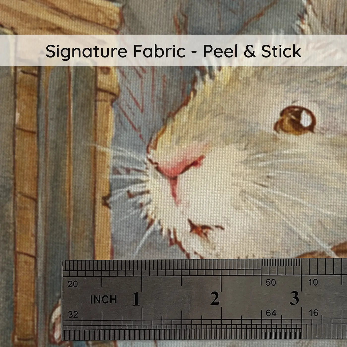Fabric texture close-up of Rabbit Forklift Warehouse Wainscoting Wallpaper by Whimsy Tots