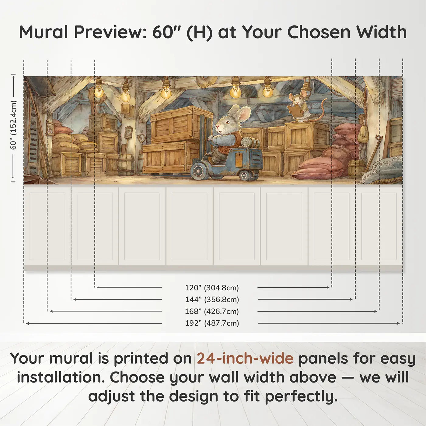 Panel dimensions for Rabbit Forklift Warehouse Wainscoting Wallpaper by Whimsy Tots