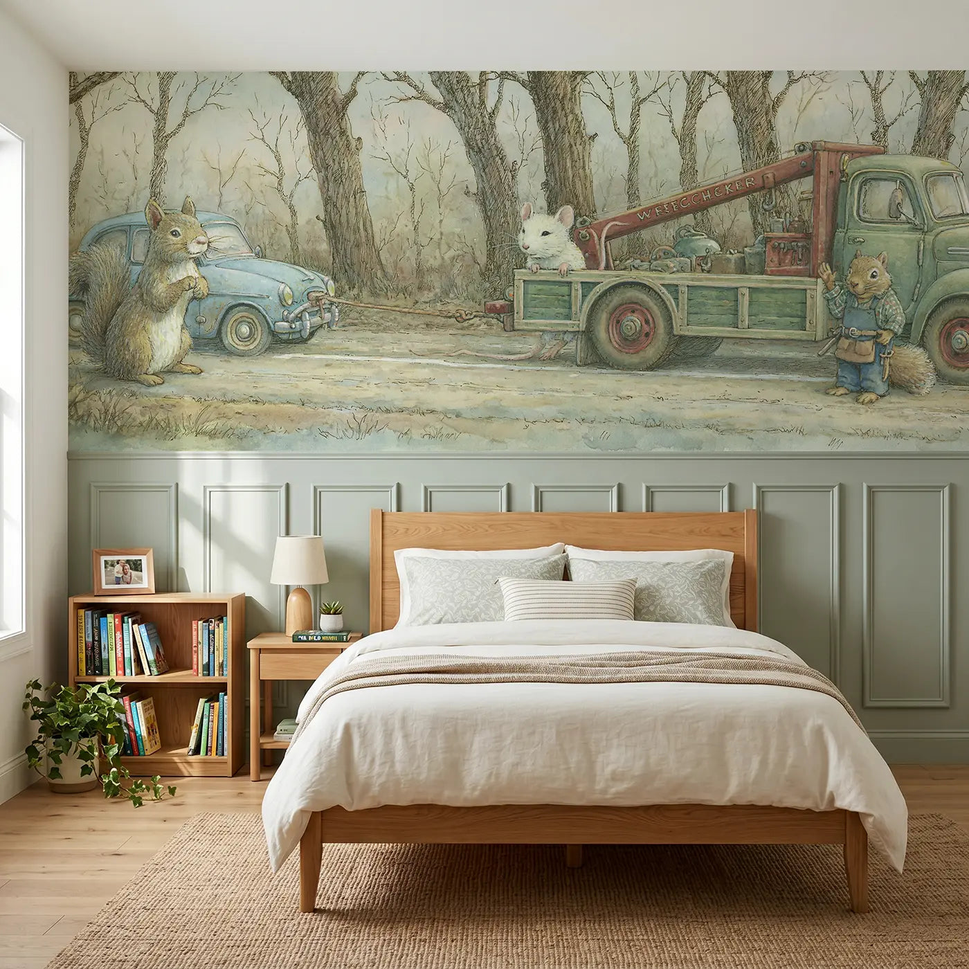 Storybook mouse wrecker tow rescue wainscoting wallpaper for bedroom by Whimsy Tots.
