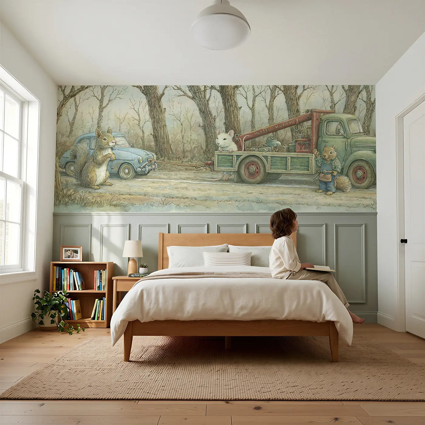 Child reading near Mouse Wrecker Tow Rescue Wainscoting Wallpaper by Whimsy Tots