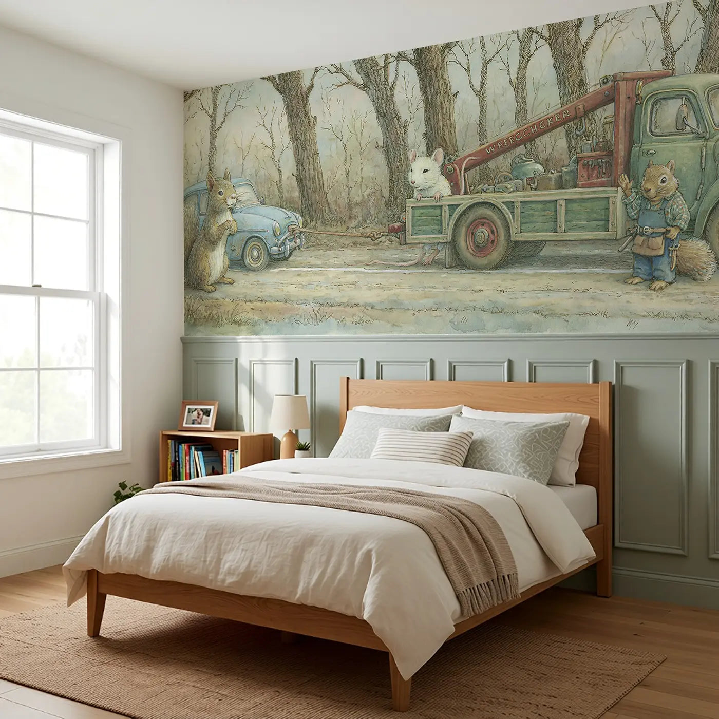 Mouse Wrecker Tow Rescue Wainscoting Wallpaper styled in a kids bedroom by Whimsy Tots