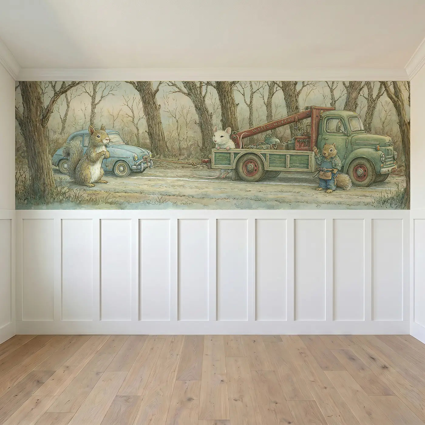 Full panel view of Mouse Wrecker Tow Rescue Wainscoting Wallpaper by Whimsy Tots