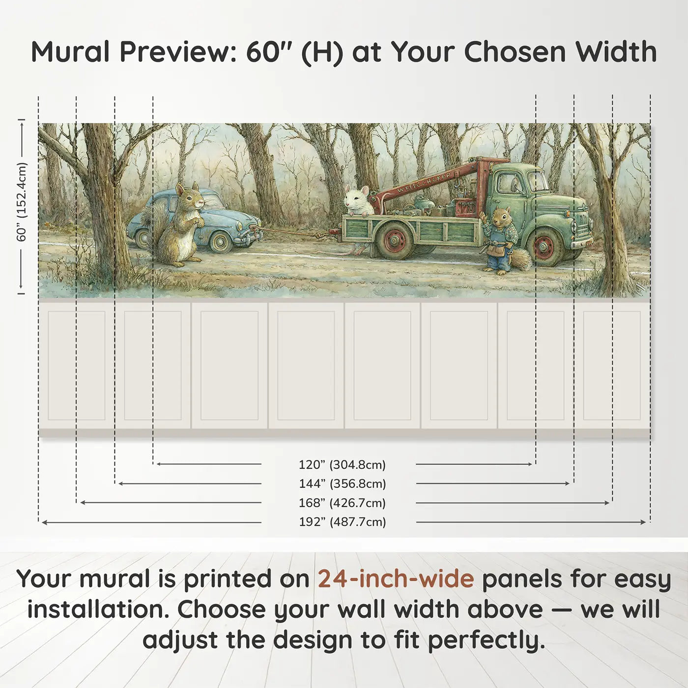 Panel dimensions for Mouse Wrecker Tow Rescue Wainscoting Wallpaper by Whimsy Tots