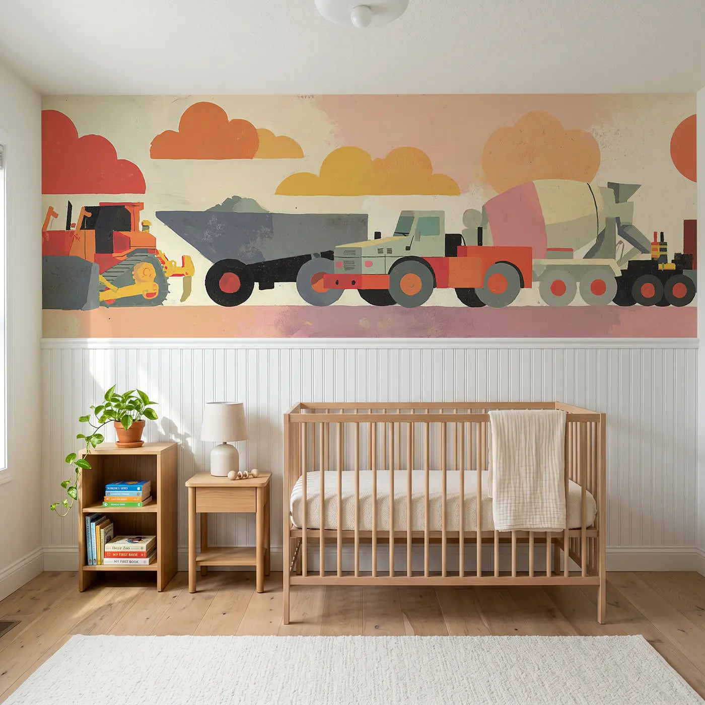 Modern Illustration truck fleet row wainscoting wallpaper for nursery by Whimsy Tots.