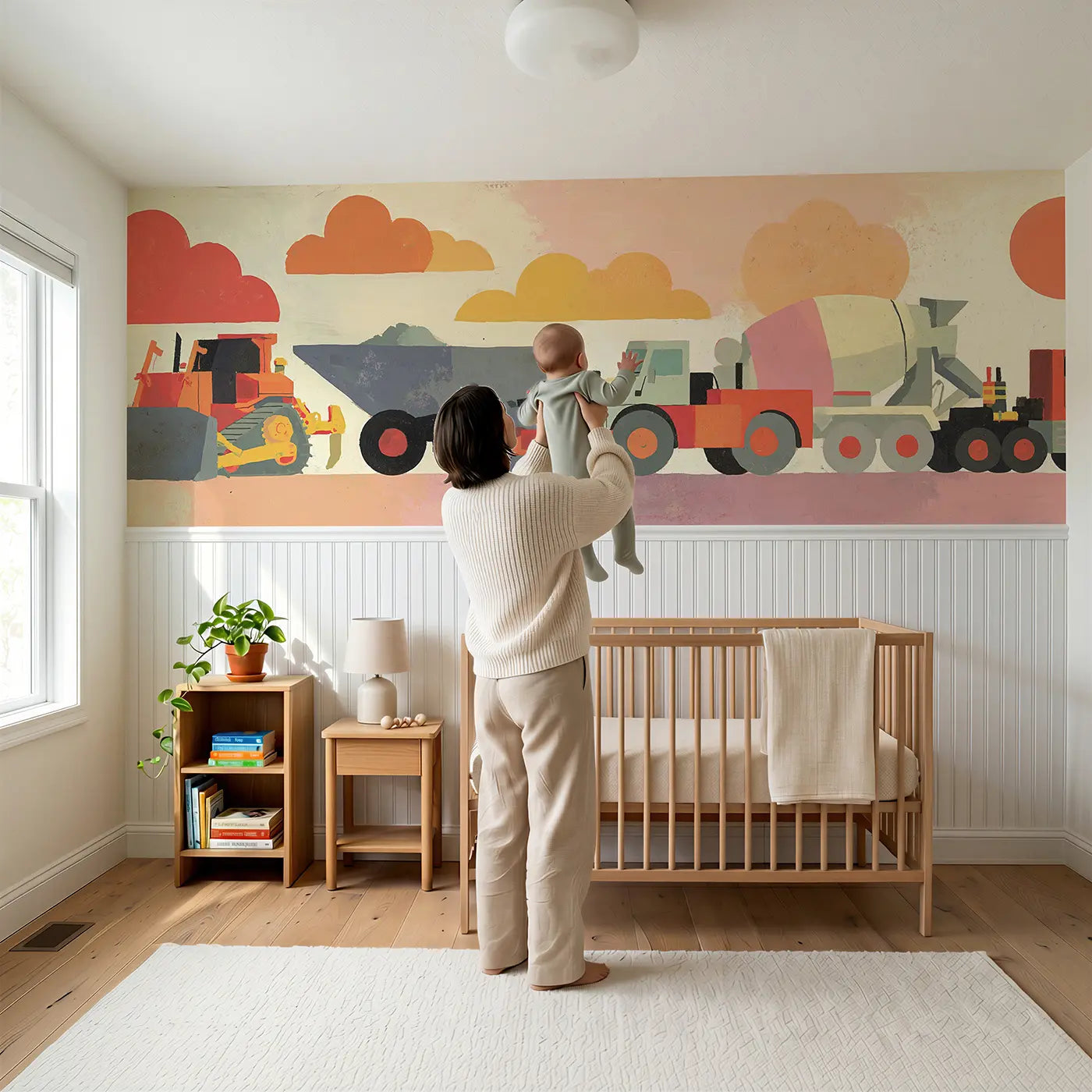 Child reading near Flat Truck Fleet Row Wainscoting Wallpaper by Whimsy Tots