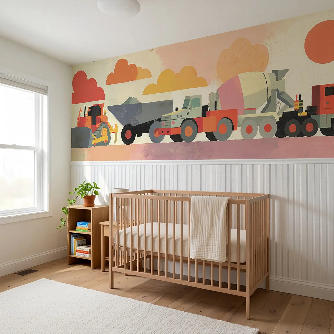 Flat Truck Fleet Row Wainscoting Wallpaper styled in a kids bedroom by Whimsy Tots