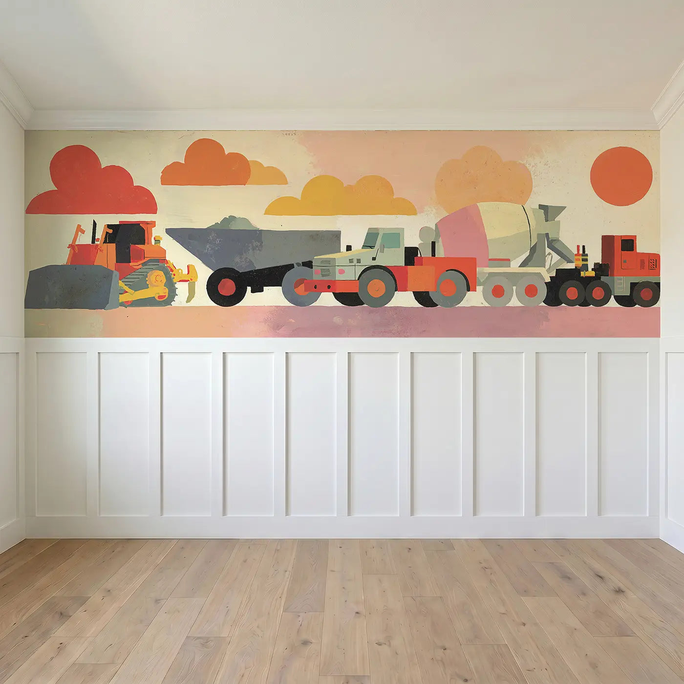 Full panel view of Flat Truck Fleet Row Wainscoting Wallpaper by Whimsy Tots