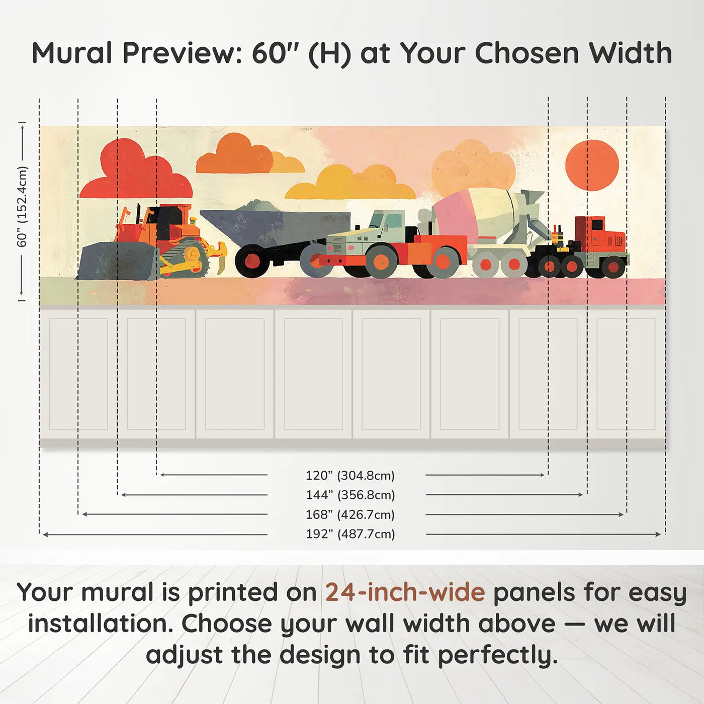 Panel dimensions for Flat Truck Fleet Row Wainscoting Wallpaper by Whimsy Tots