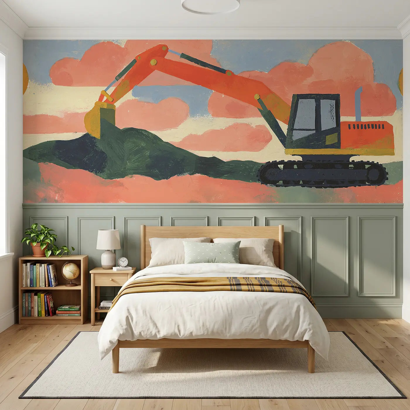 Modern Illustration excavator dig bold wainscoting wallpaper for bedroom by Whimsy Tots.