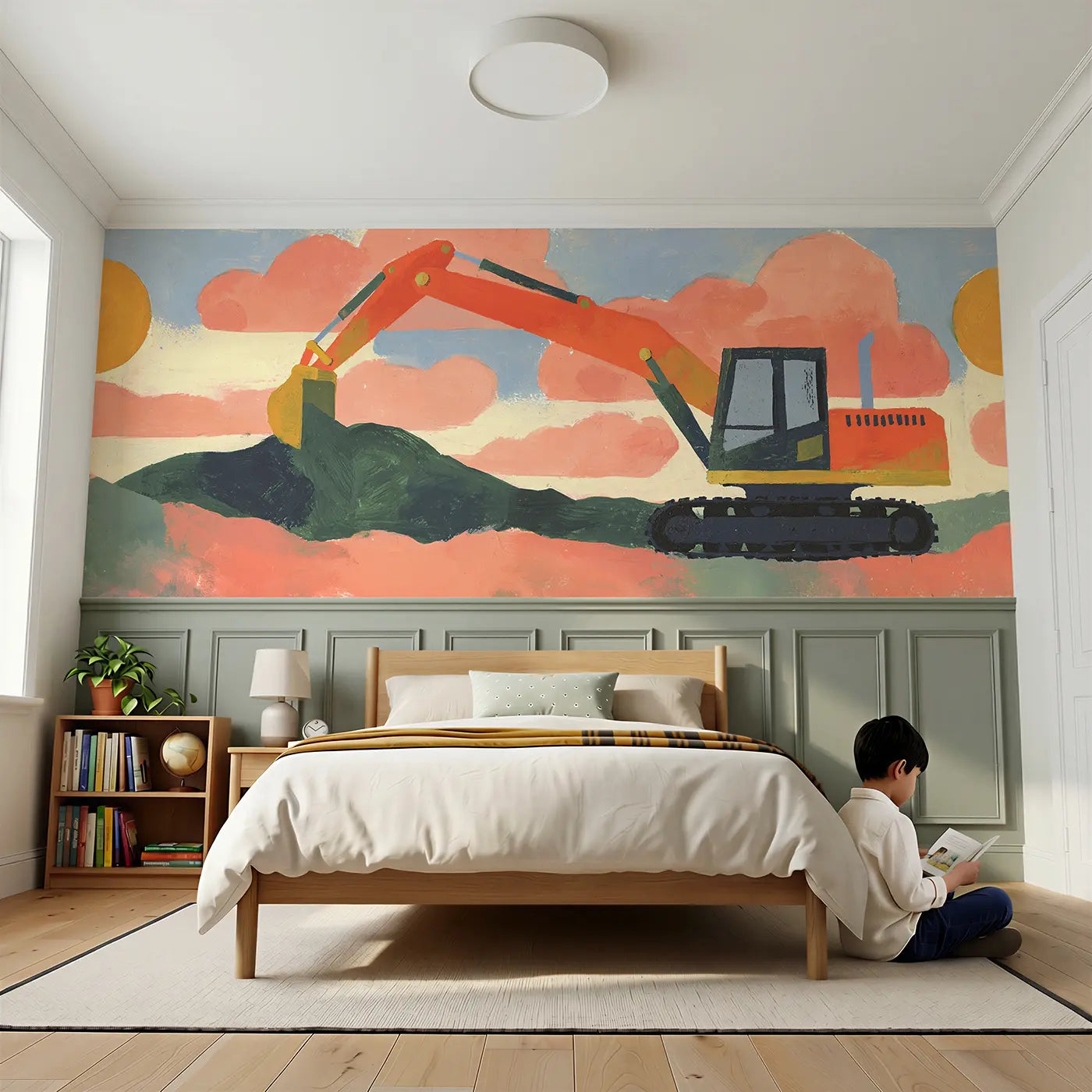 Child reading near Graphic Excavator Dig Bold Wainscoting Wallpaper by Whimsy Tots