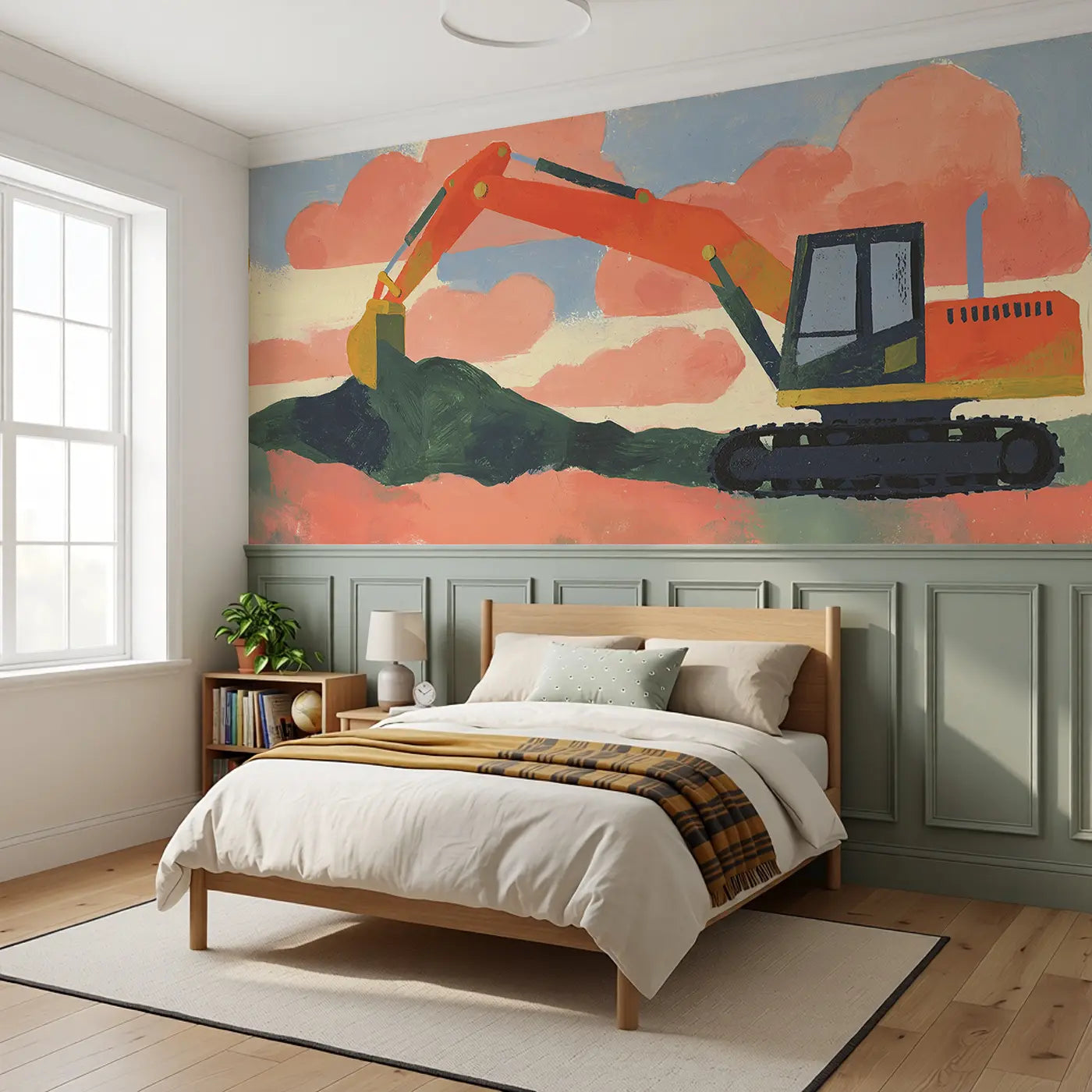Graphic Excavator Dig Bold Wainscoting Wallpaper styled in a kids bedroom by Whimsy Tots