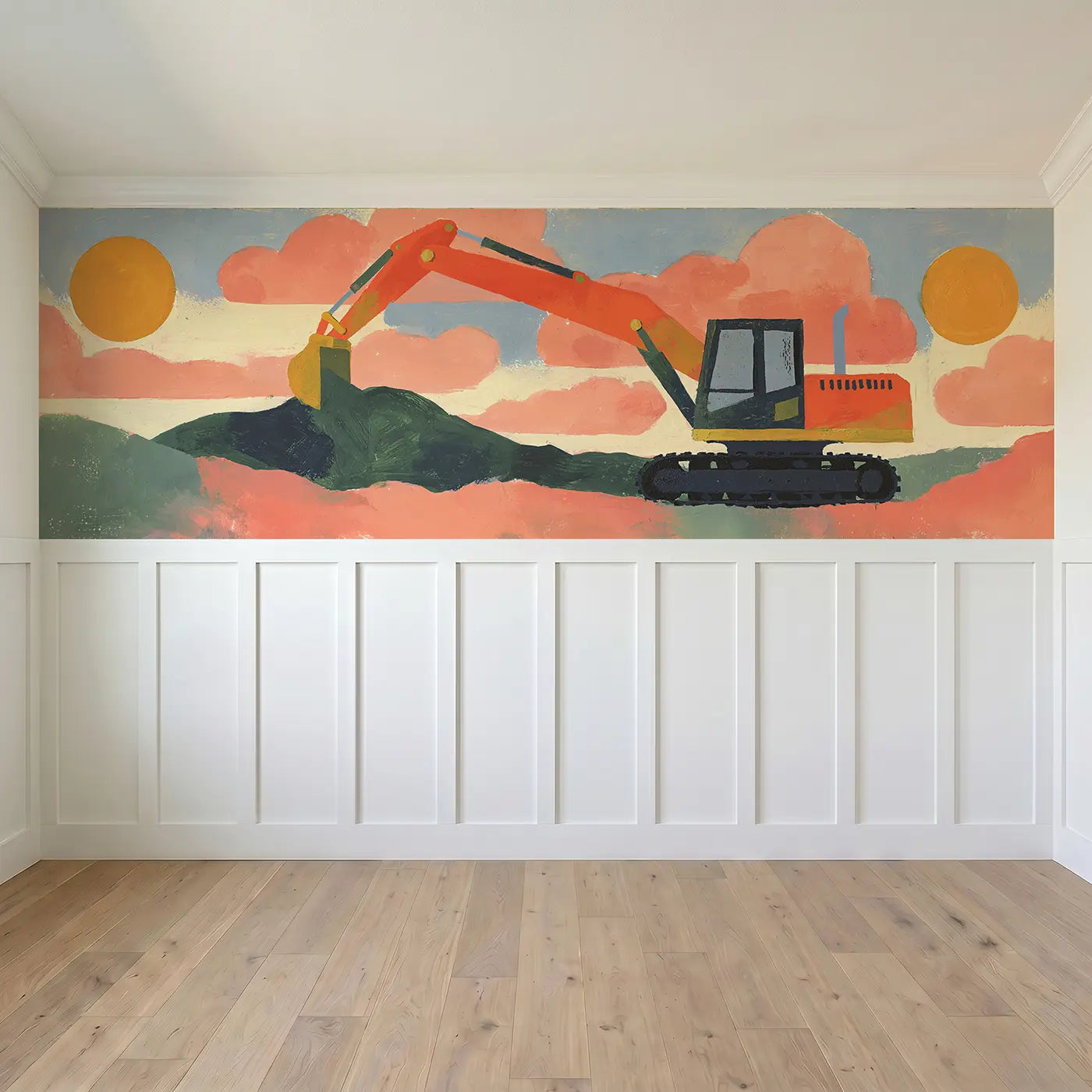 Full panel view of Graphic Excavator Dig Bold Wainscoting Wallpaper by Whimsy Tots