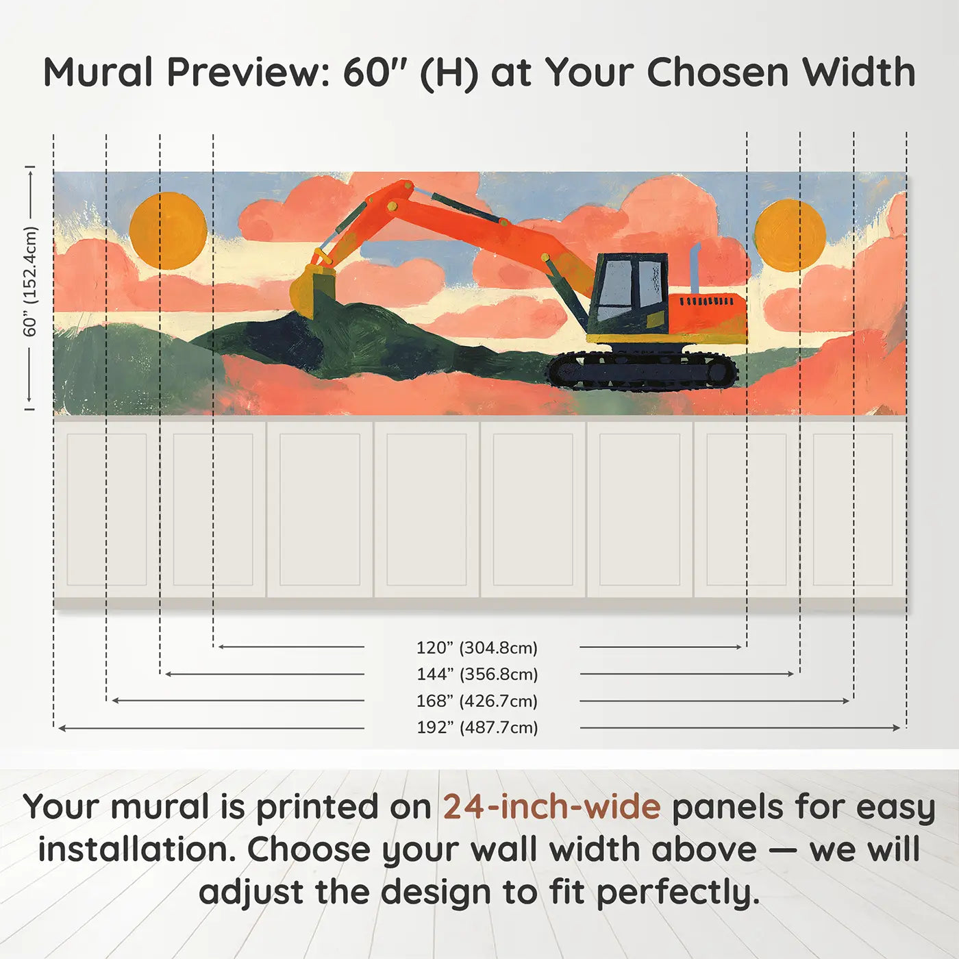 Panel dimensions for Graphic Excavator Dig Bold Wainscoting Wallpaper by Whimsy Tots