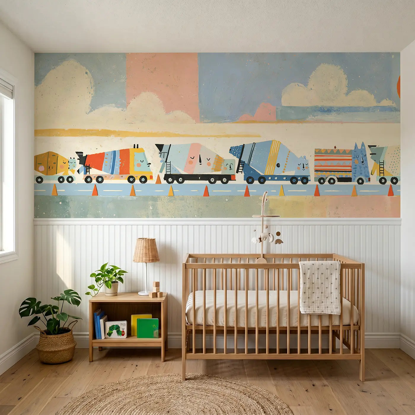Modern Illustration cement mixer parade wainscoting wallpaper for nursery by Whimsy Tots.