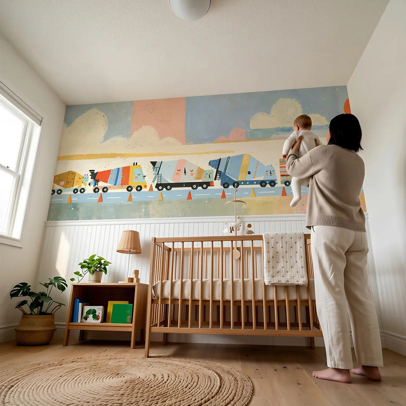 Child reading near Bold Cement Mixer Parade Wainscoting Wallpaper by Whimsy Tots