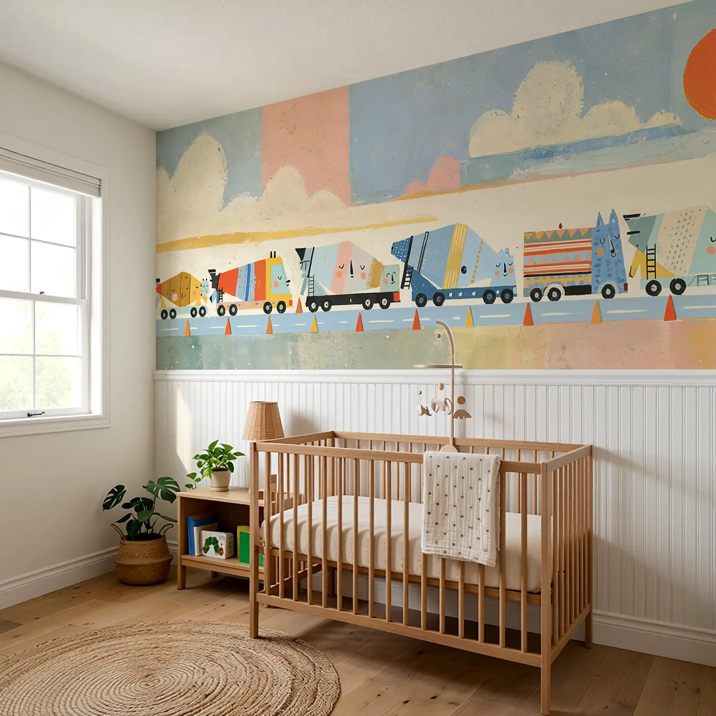 Bold Cement Mixer Parade Wainscoting Wallpaper styled in a kids bedroom by Whimsy Tots