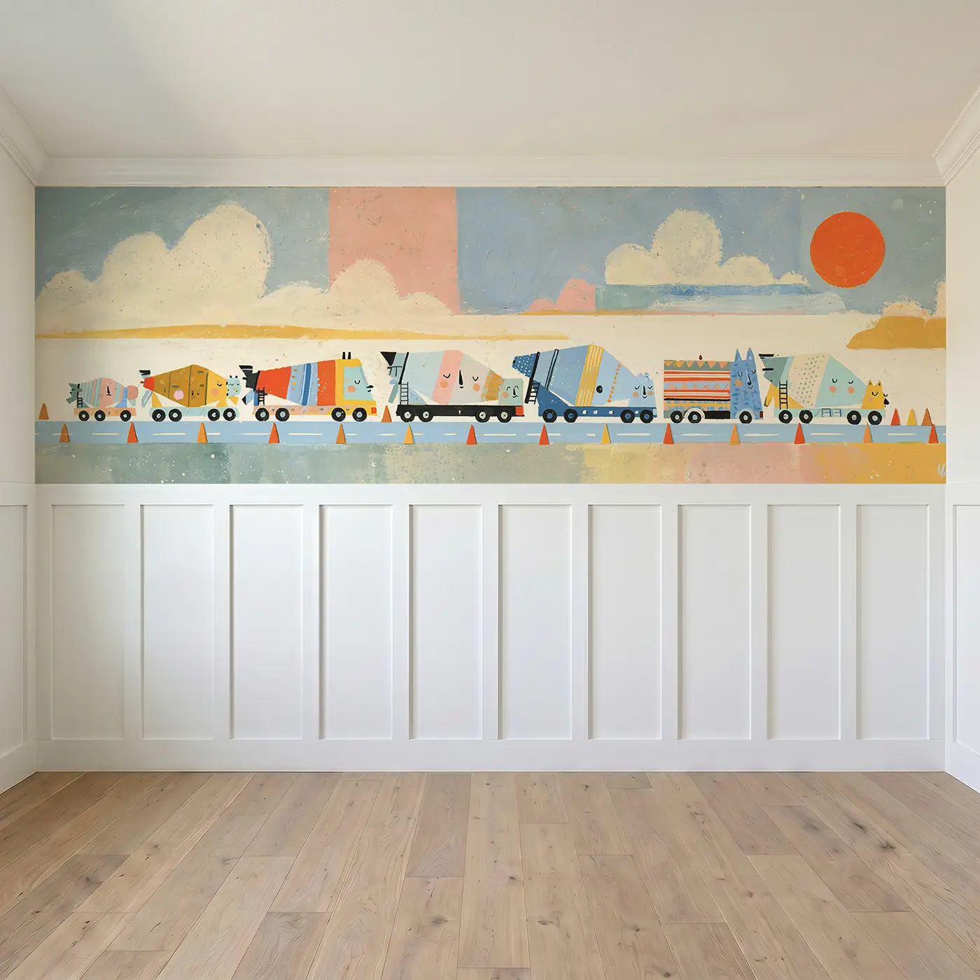Full panel view of Bold Cement Mixer Parade Wainscoting Wallpaper by Whimsy Tots