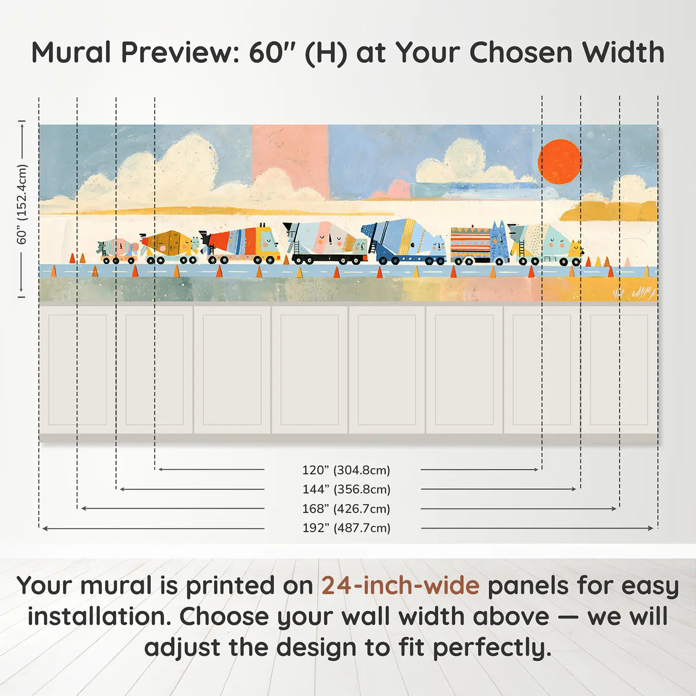 Panel dimensions for Bold Cement Mixer Parade Wainscoting Wallpaper by Whimsy Tots