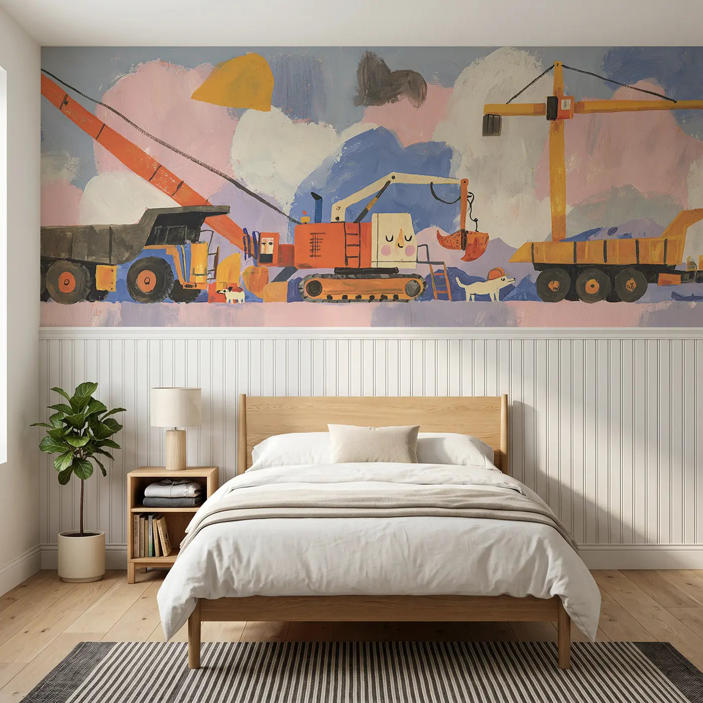 Modern Illustration construction site wainscoting wallpaper for bedroom by Whimsy Tots.