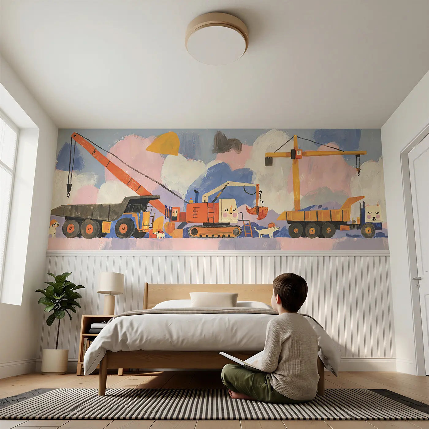 Child reading near Scandi Construction Site Wainscoting Wallpaper by Whimsy Tots