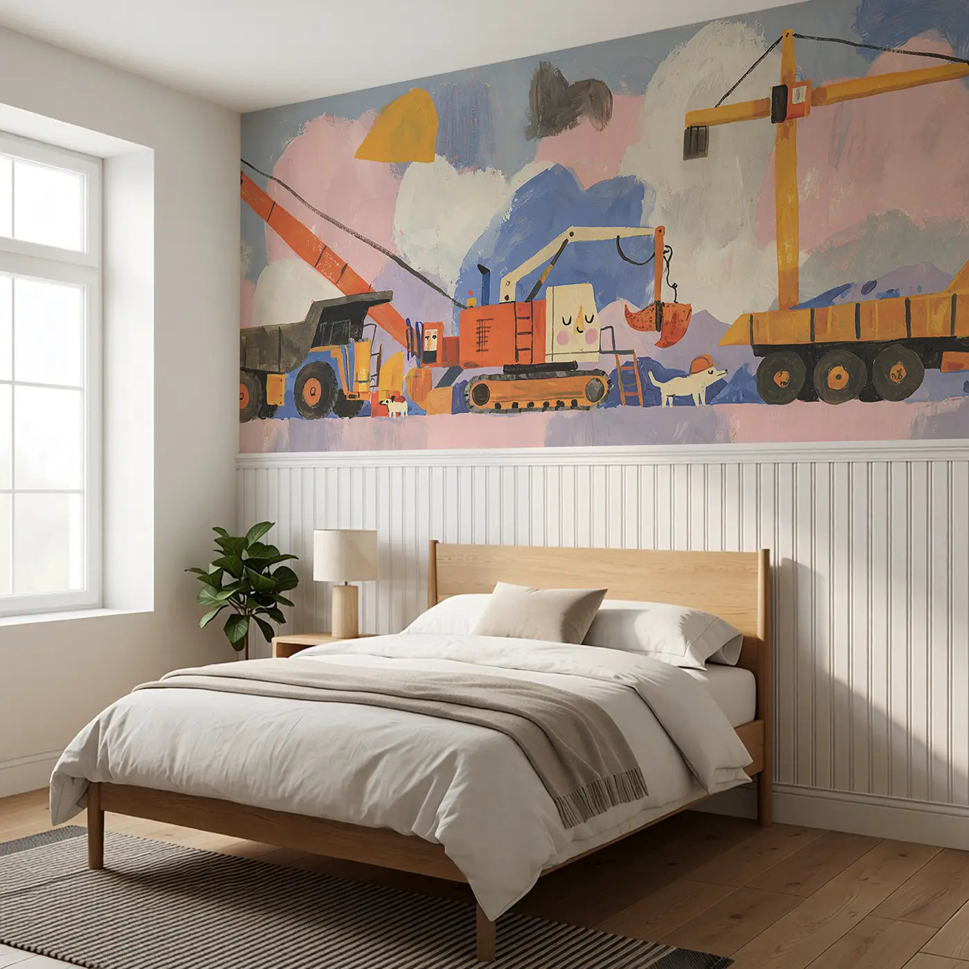 Scandi Construction Site Wainscoting Wallpaper styled in a kids bedroom by Whimsy Tots