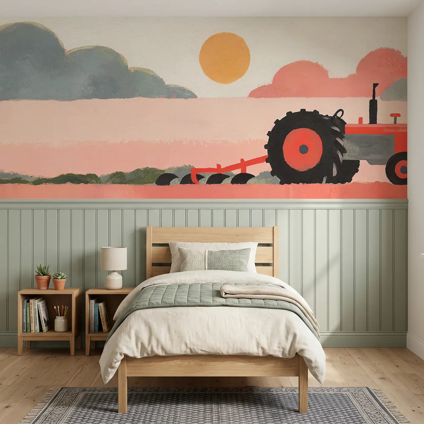 Modern Illustration tractor field wainscoting wallpaper for bedroom by Whimsy Tots.