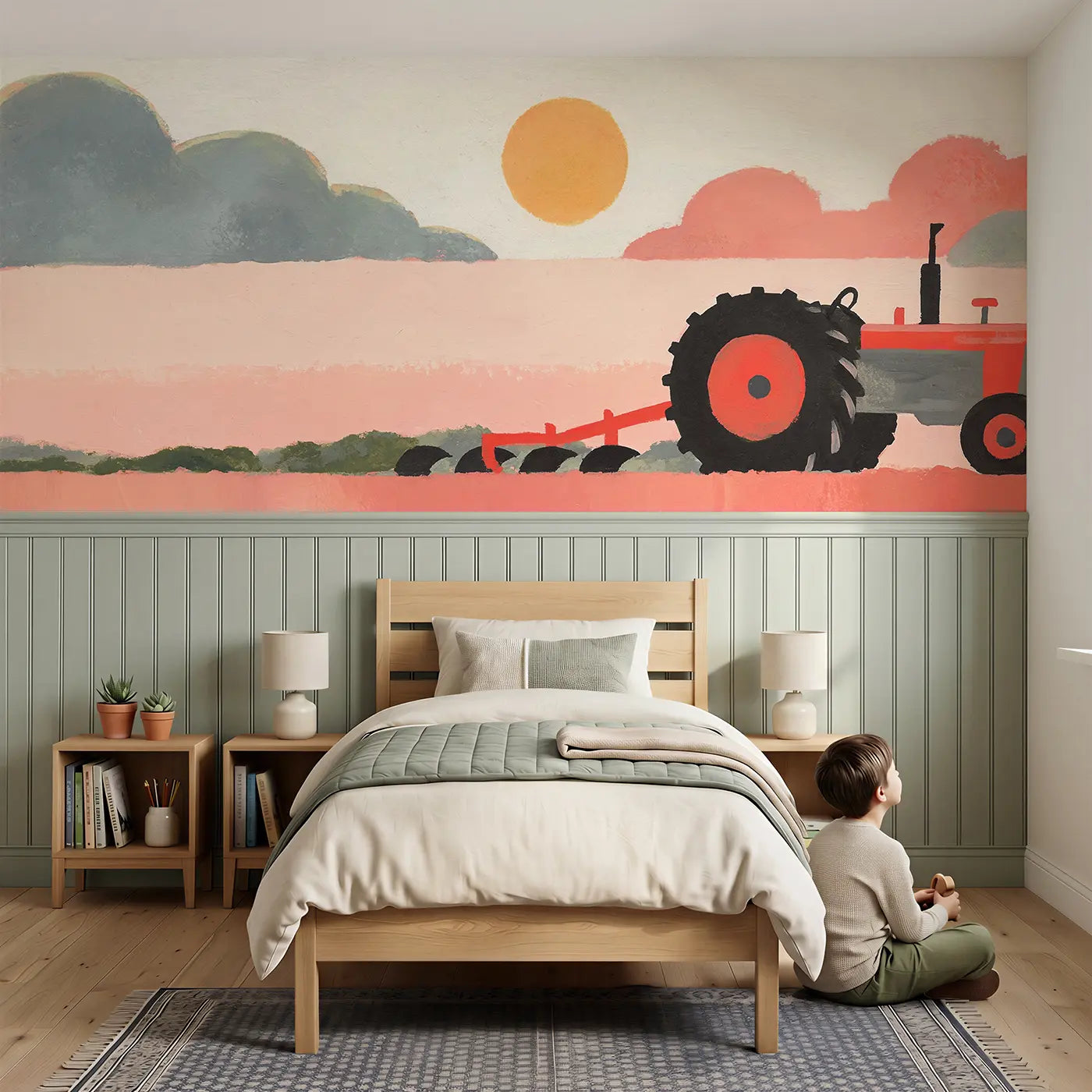 Child reading near Graphic Tractor Field Wainscoting Wallpaper by Whimsy Tots