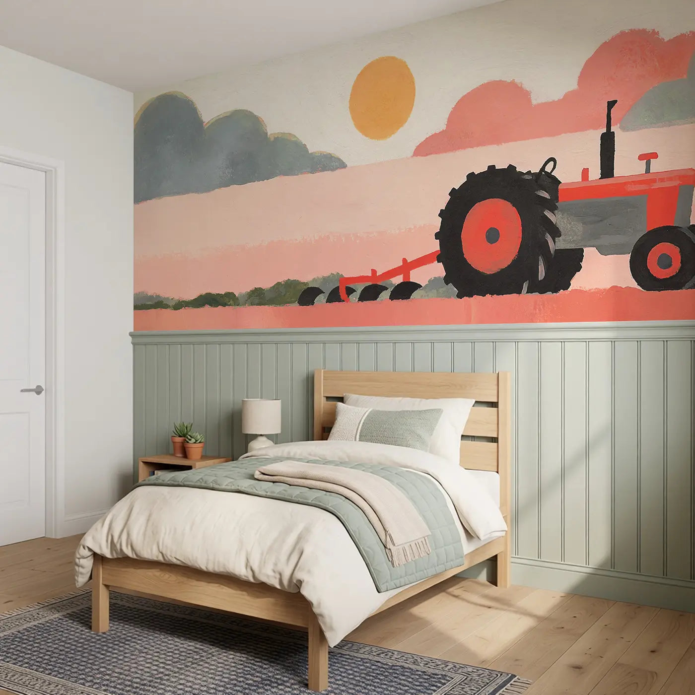 Graphic Tractor Field Wainscoting Wallpaper styled in a kids bedroom by Whimsy Tots