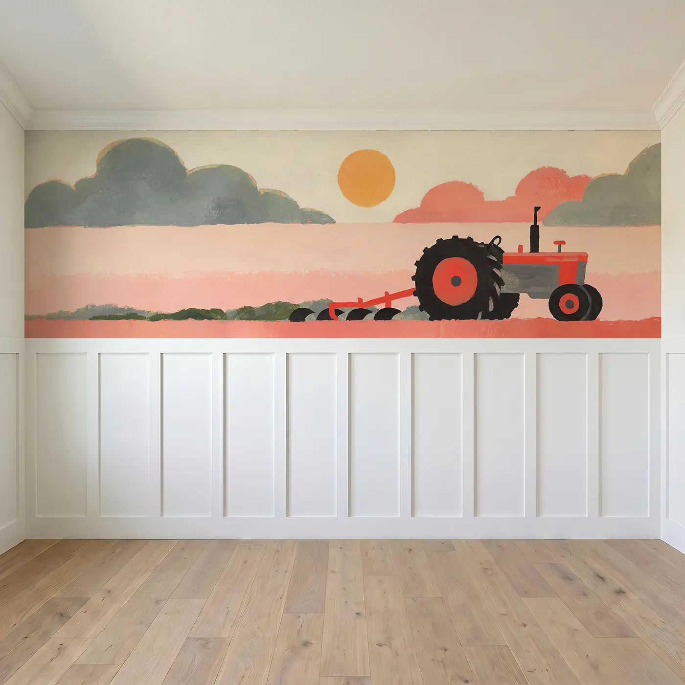 Full panel view of Graphic Tractor Field Wainscoting Wallpaper by Whimsy Tots