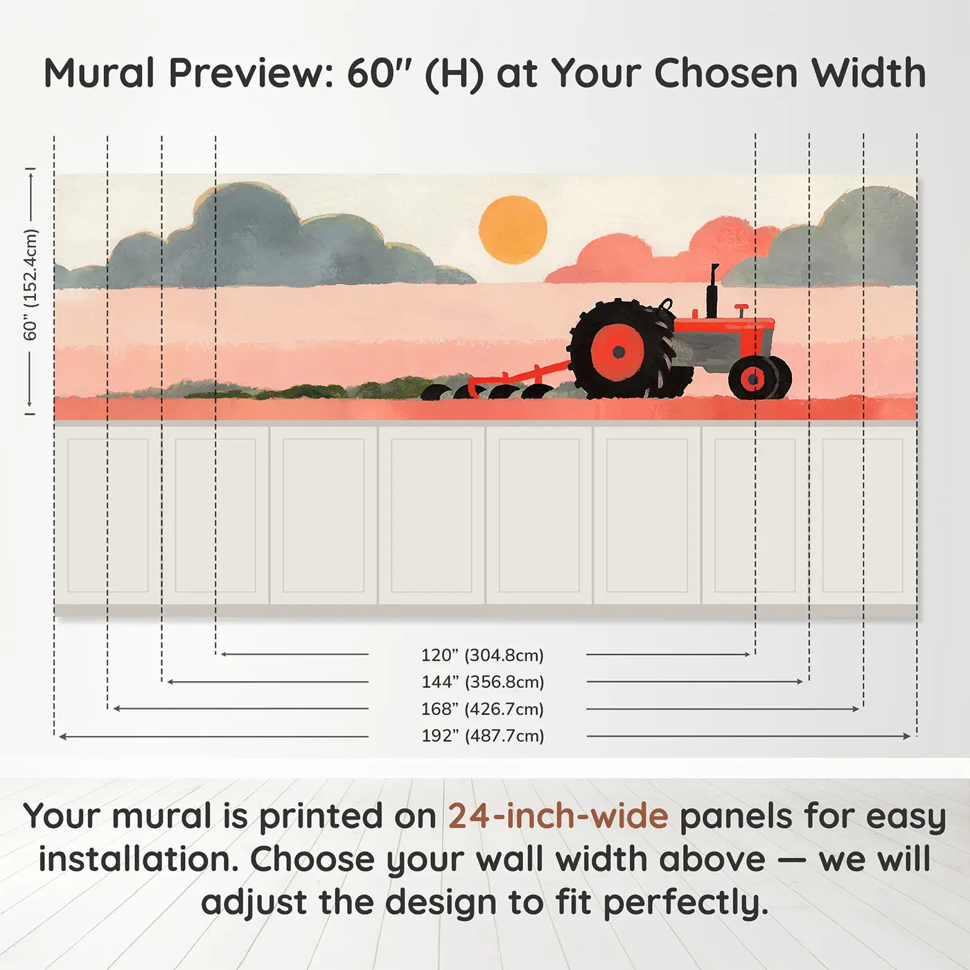 Panel dimensions for Graphic Tractor Field Wainscoting Wallpaper by Whimsy Tots